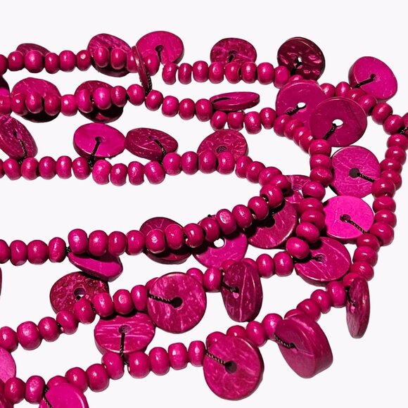 Retro Pink Wooden Disc Beaded Multi Strand Necklace 80s 90s Fashion Jewelry - Picture 4 of 6